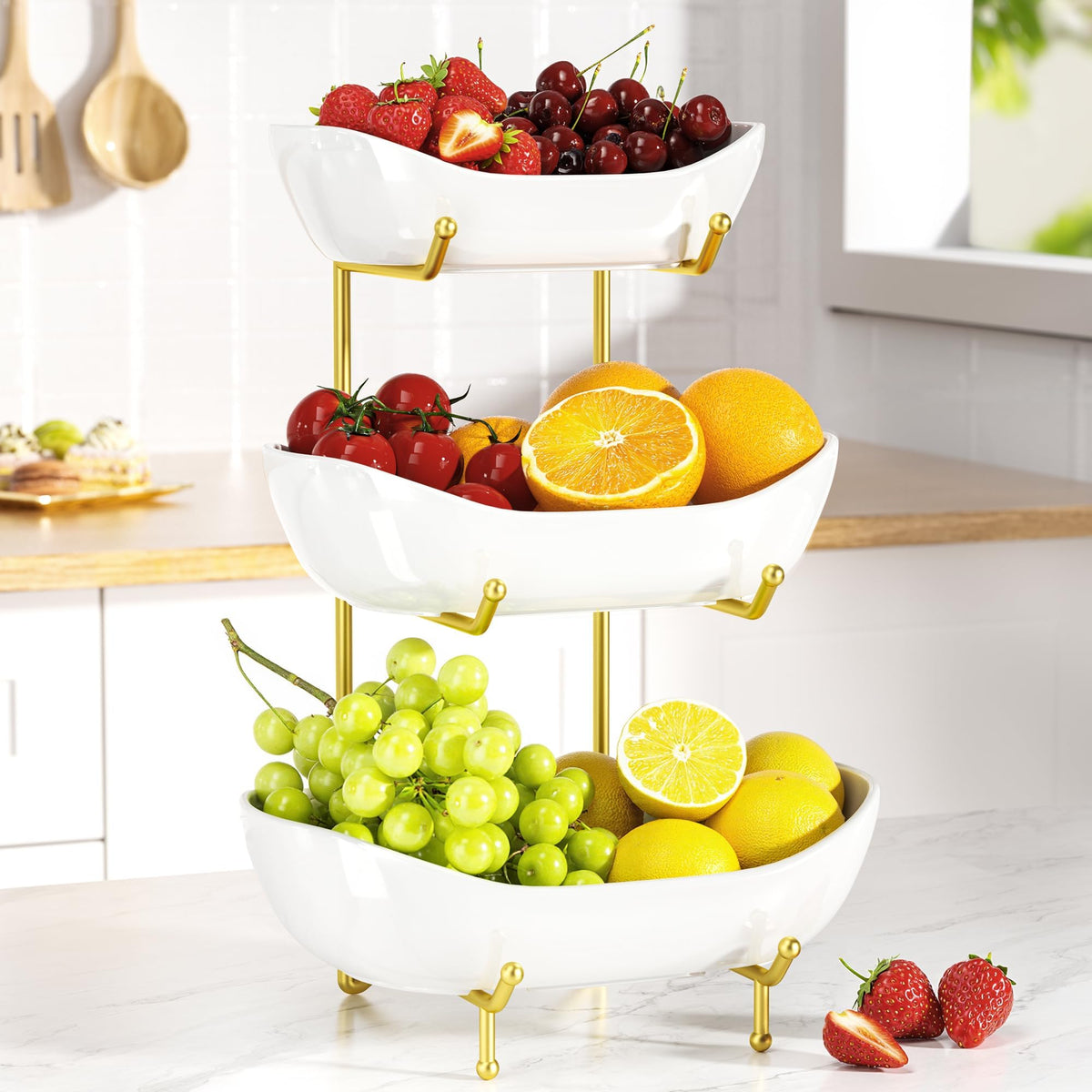 3 Tier Ceramic Fruit Bowl with Metal Stand Y735871