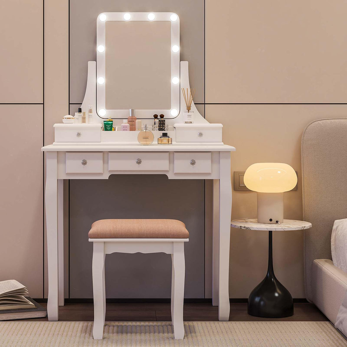 Vanity Desk with Mirror and Lights and Stool Set J89683