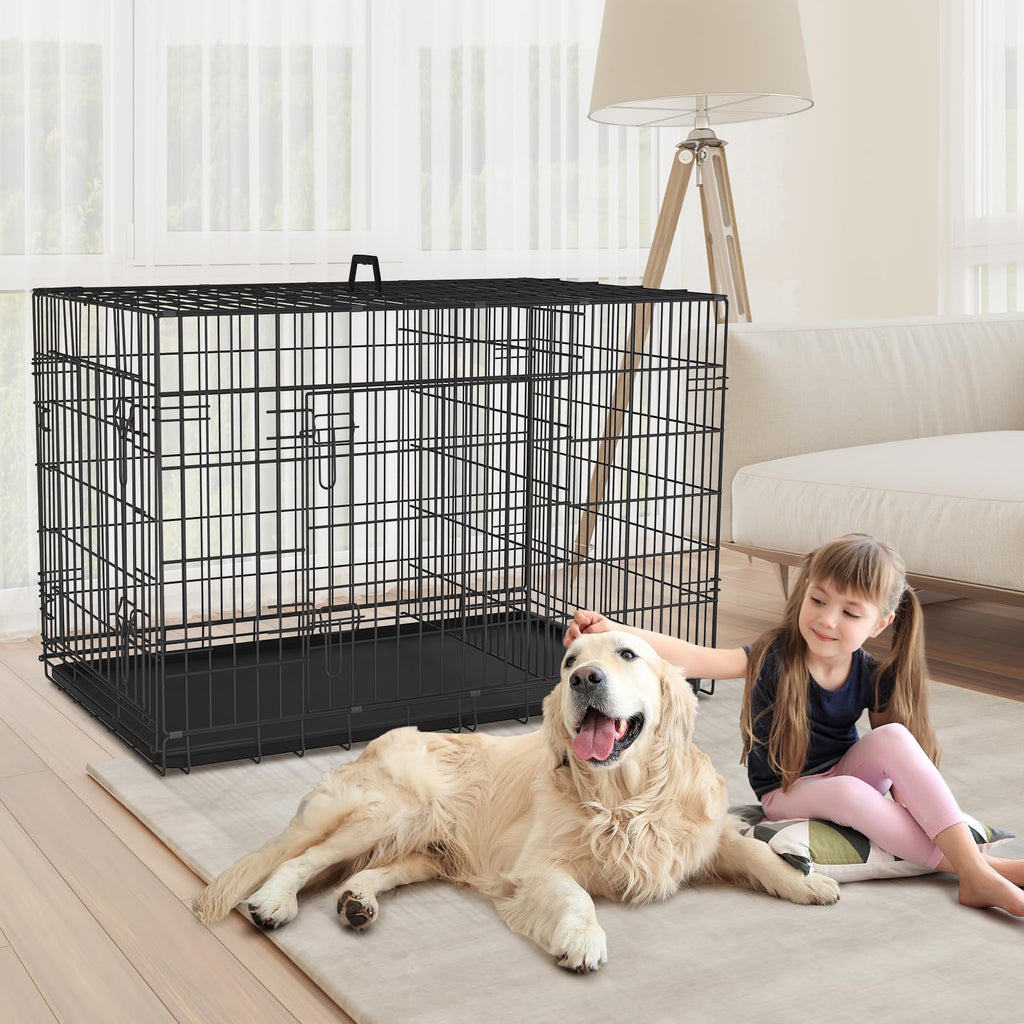 48 Inch Folding Metal Wire Dog Crate with Divider Panel & Removable Tray N3807