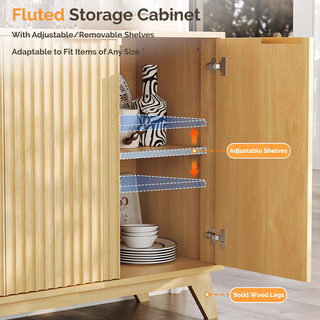 55" Fluted 4 Door Sideboard Cabinet with Adjustable Shelves G101
