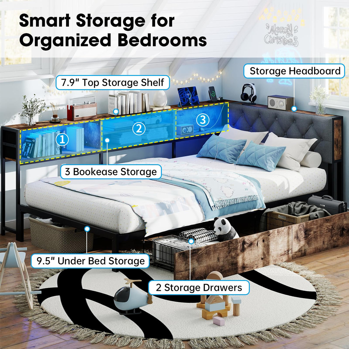 Twin Size Corner Bed Frame with Storage Bookcase J7869