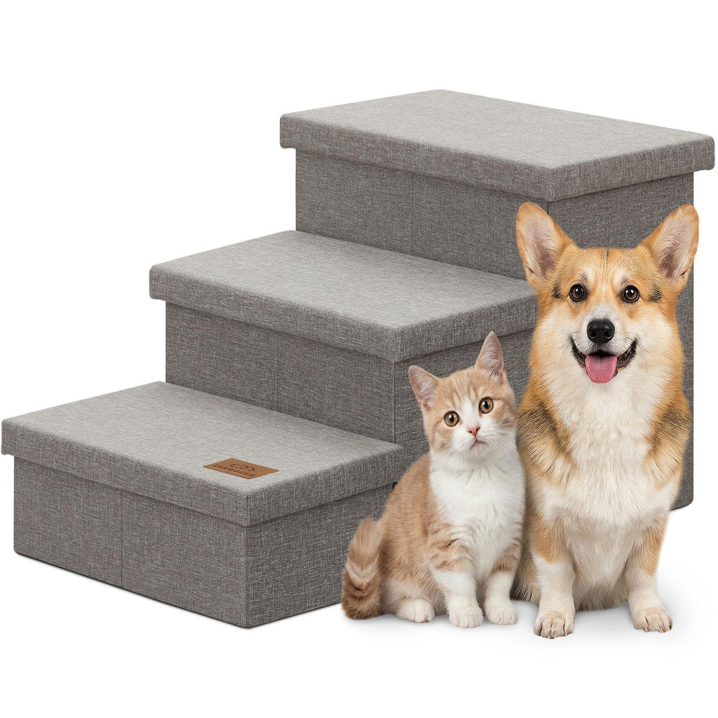 Grey 3 Steps Dog Stairs with Storage M289483