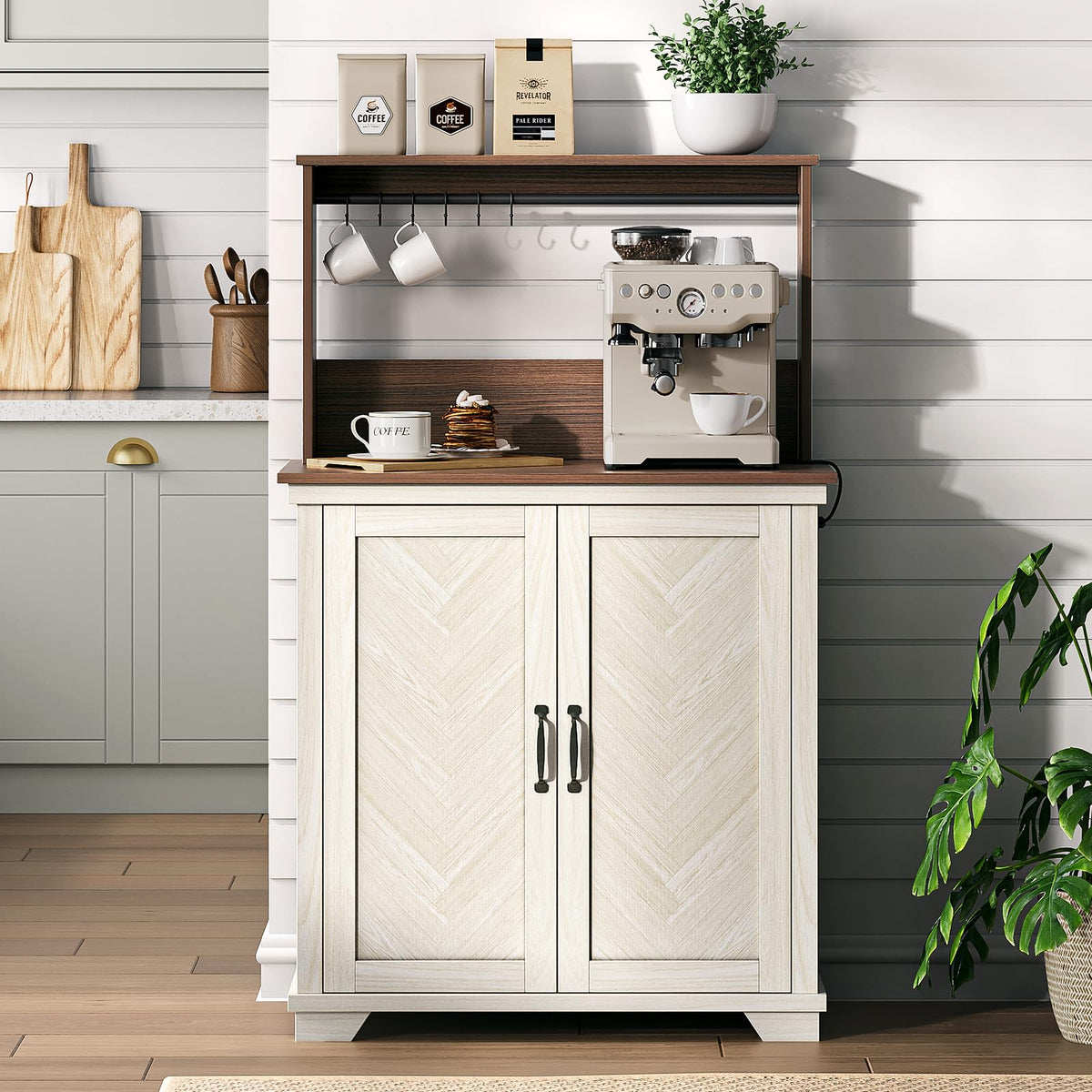 White Coffee Bar Cabinet with Storage and Charging K619