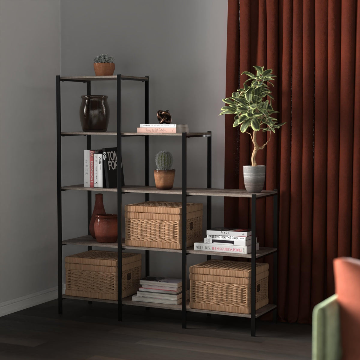 4-Tier Bookcase, 5 Shelves, Black Metal and Wood U285