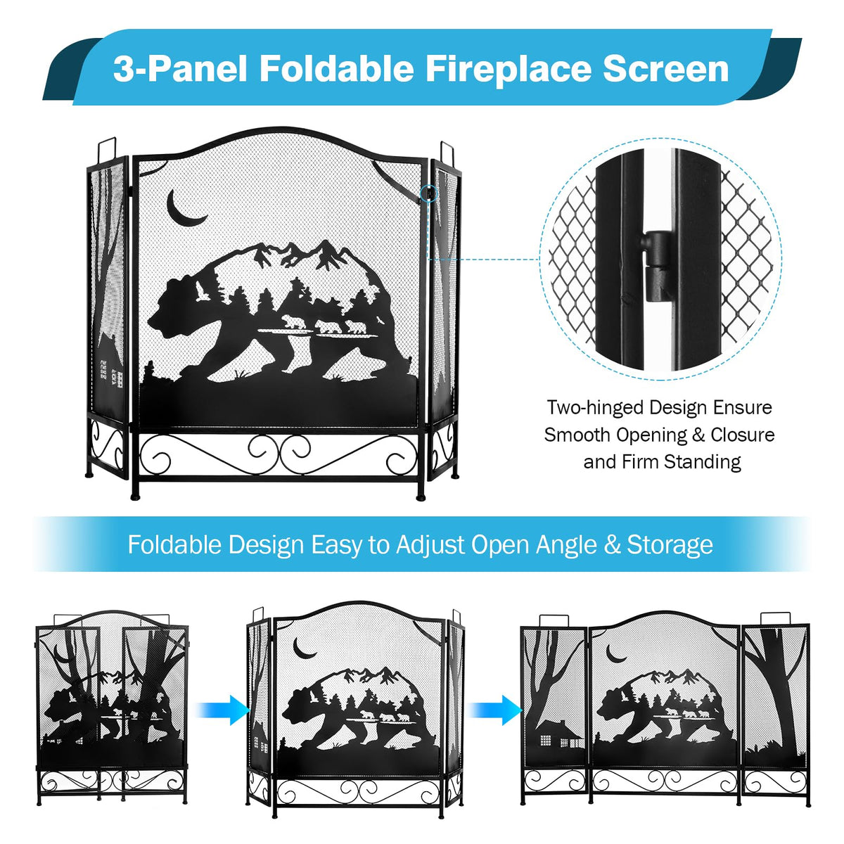 3-Panel Folding Metal Fireplace Screen Black S8709