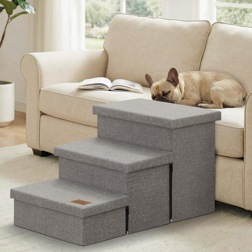 Grey 3 Steps Dog Stairs with Storage M289483
