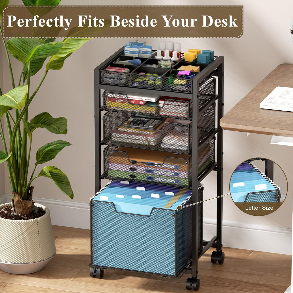 Rolling File Cart with 4 Storage Drawers, Black Metal I4686