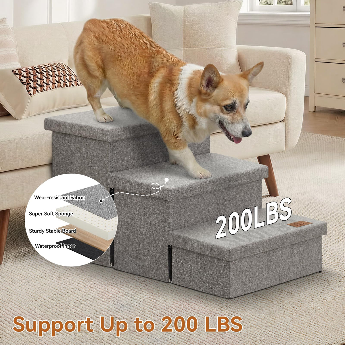 Grey 3 Steps Dog Stairs with Storage M289483