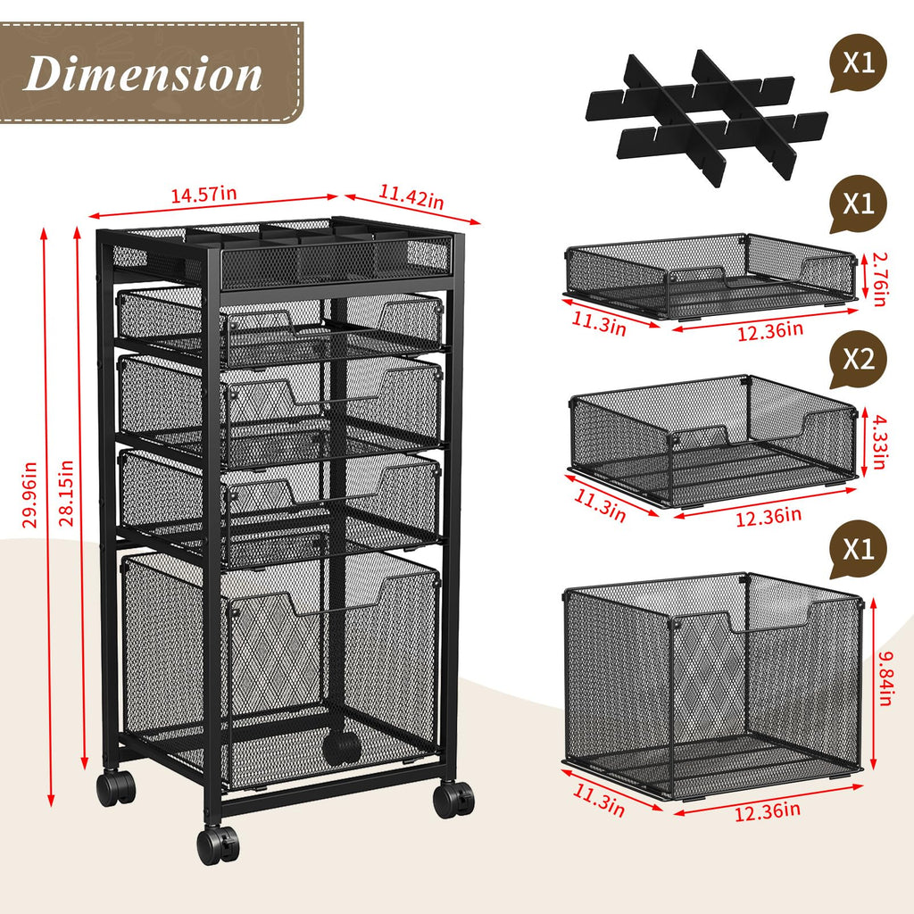 Rolling File Cart with 4 Storage Drawers, Black Metal I4686