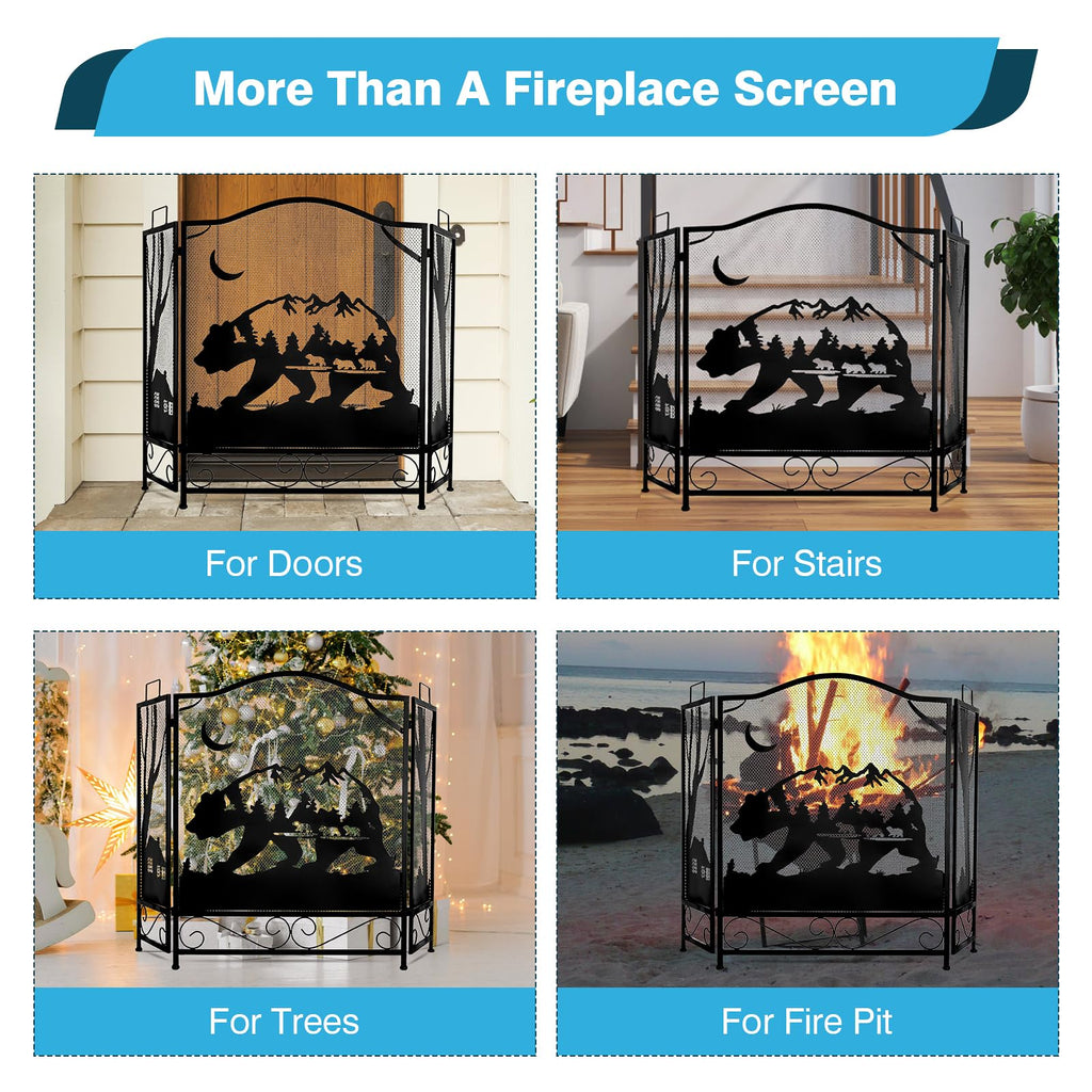 3-Panel Folding Metal Fireplace Screen Black S8709