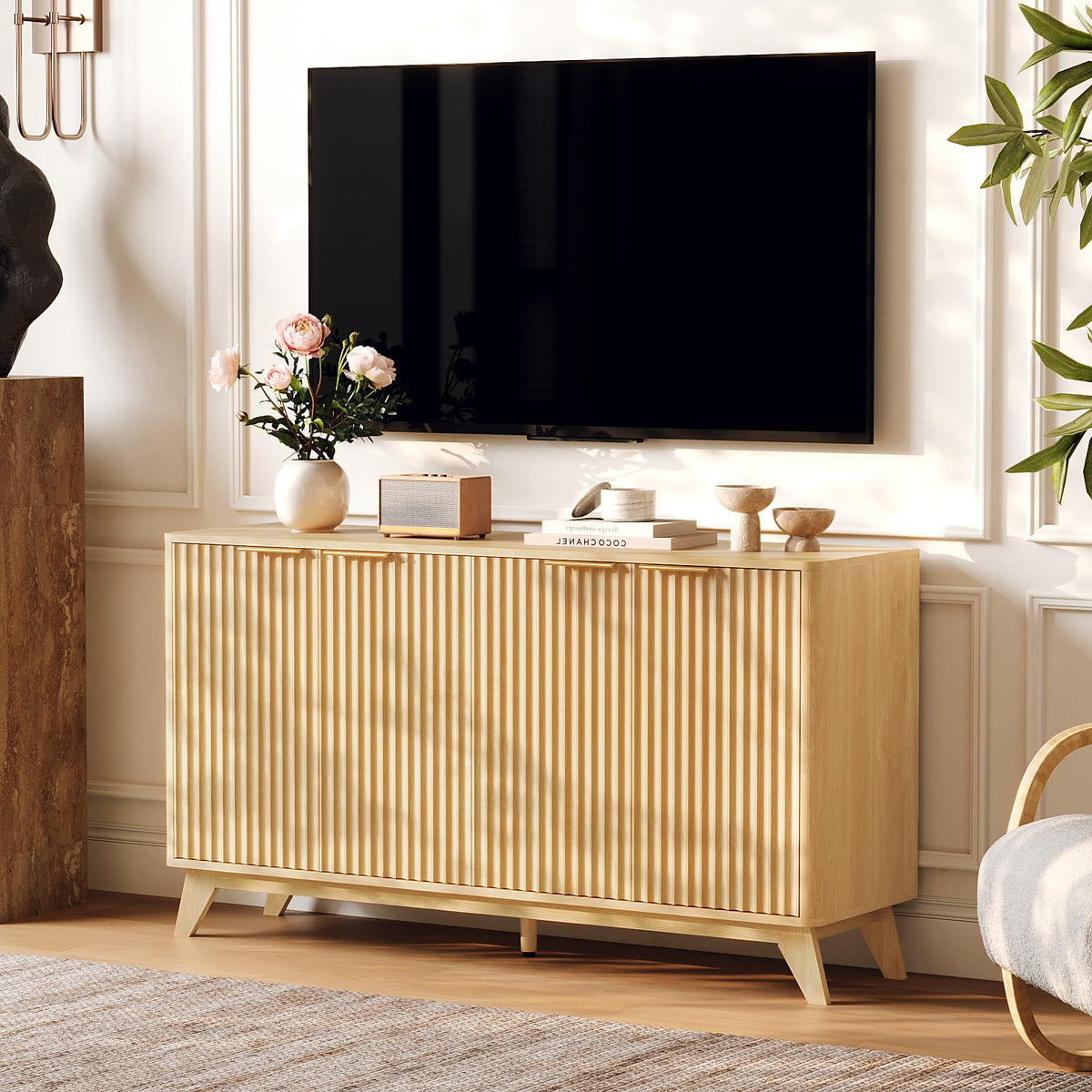 55" Fluted 4 Door Sideboard Cabinet with Adjustable Shelves G101