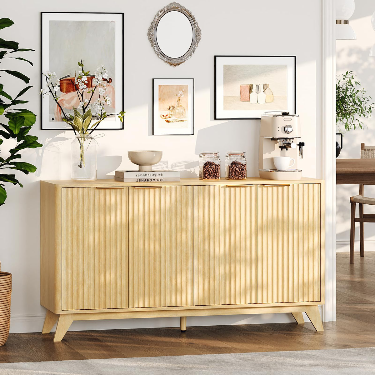 55" Fluted 4 Door Sideboard Cabinet with Adjustable Shelves G101