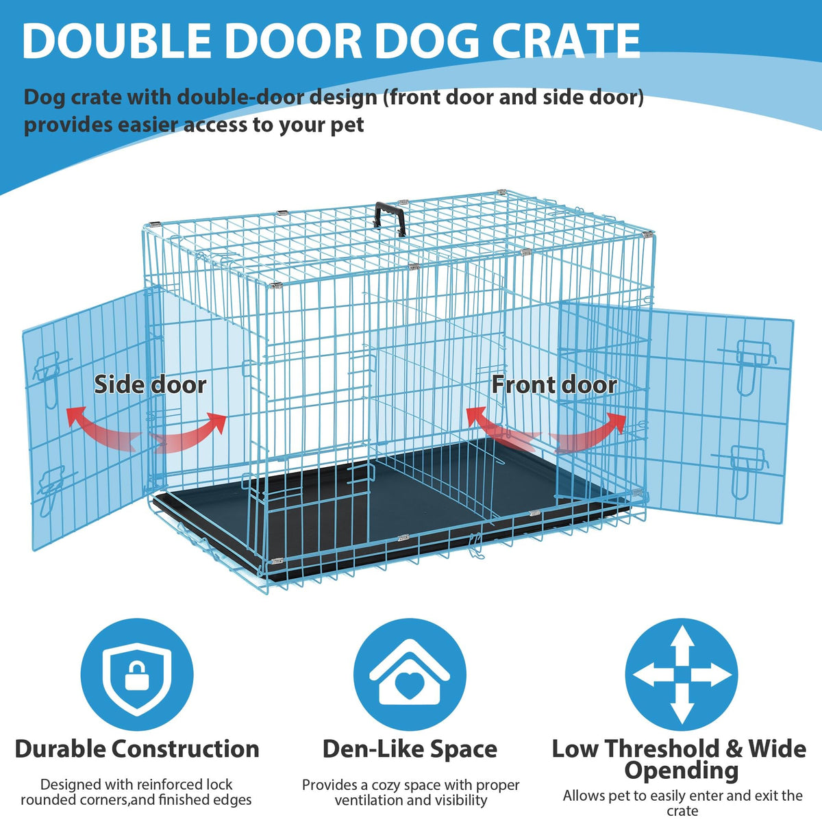 48 Inch Double-Door Folding Dog Crate with Tray and Handle E692