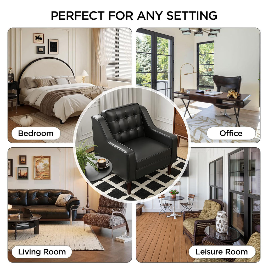 PU Leather Accent Chair Button-Tufted Upholstered Black N365