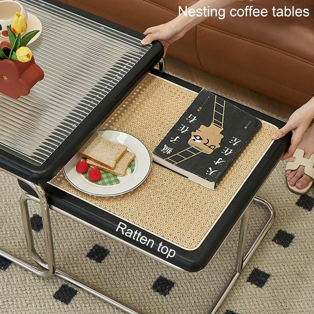 Mid Century Modern Coffee Table Set of 2 Square Metal Base U342791