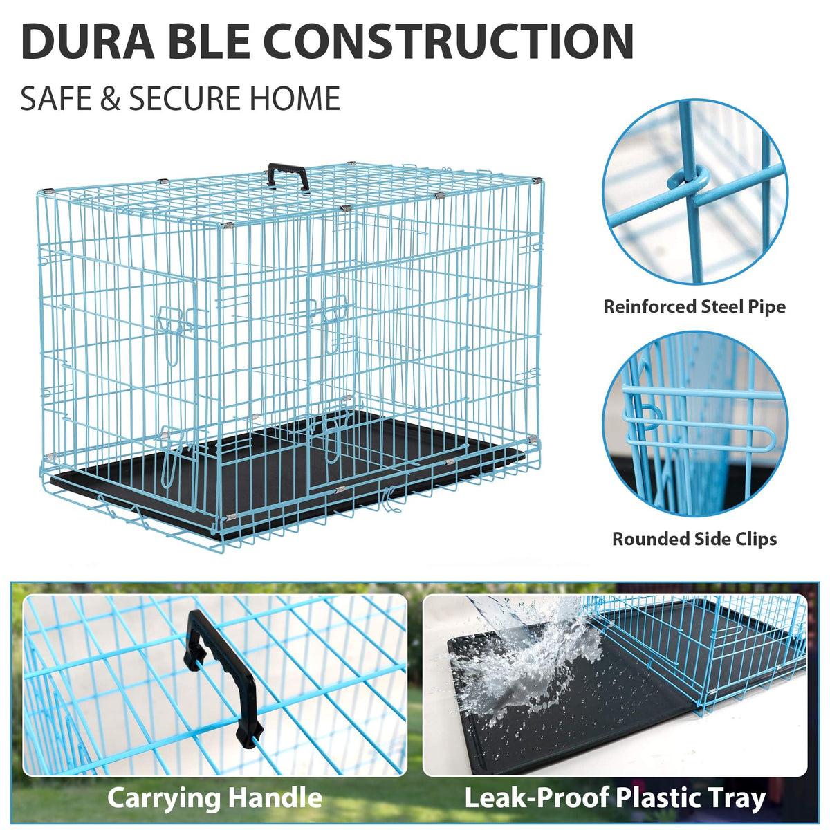 48 Inch Double-Door Folding Dog Crate with Tray and Handle E692