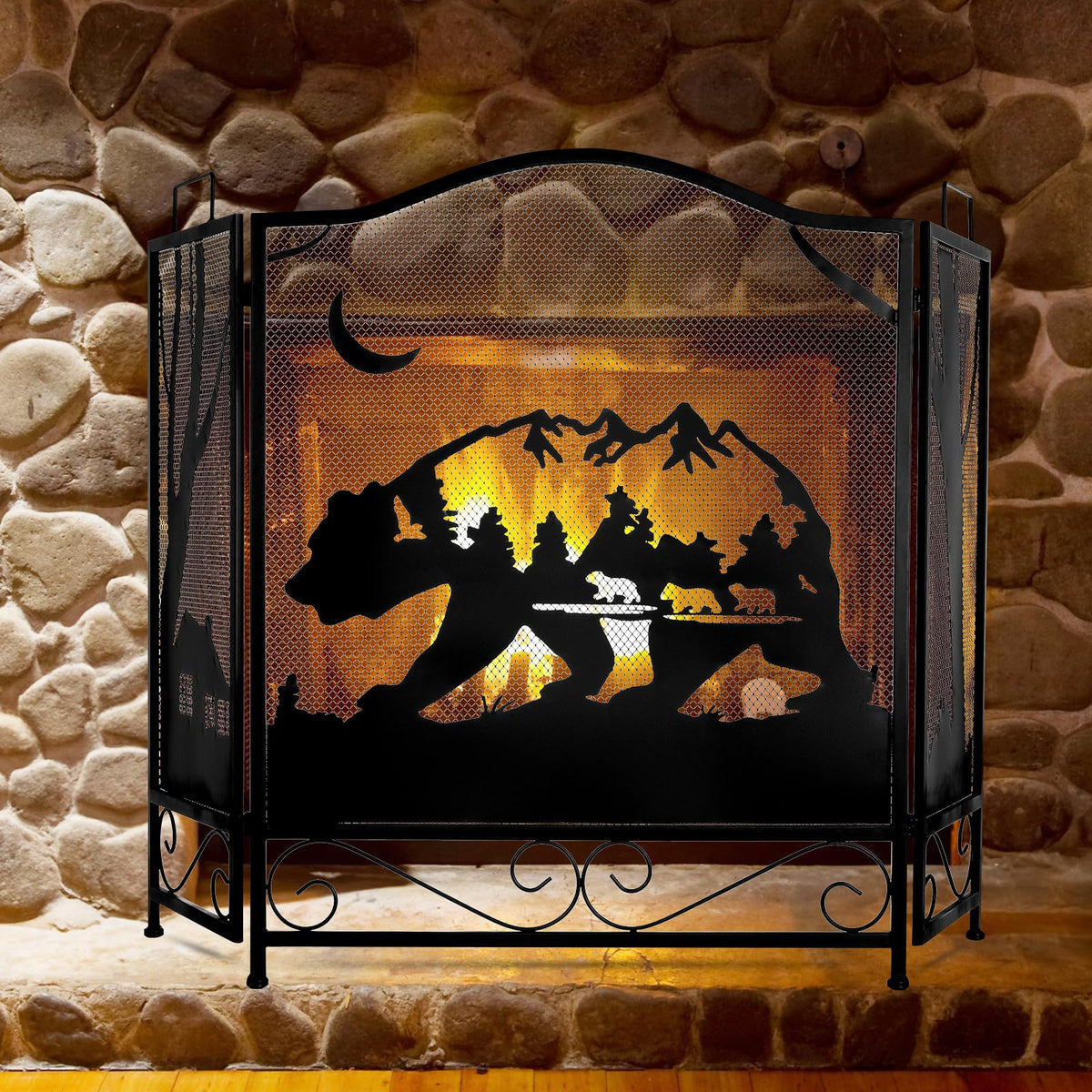 3-Panel Folding Metal Fireplace Screen Black S8709