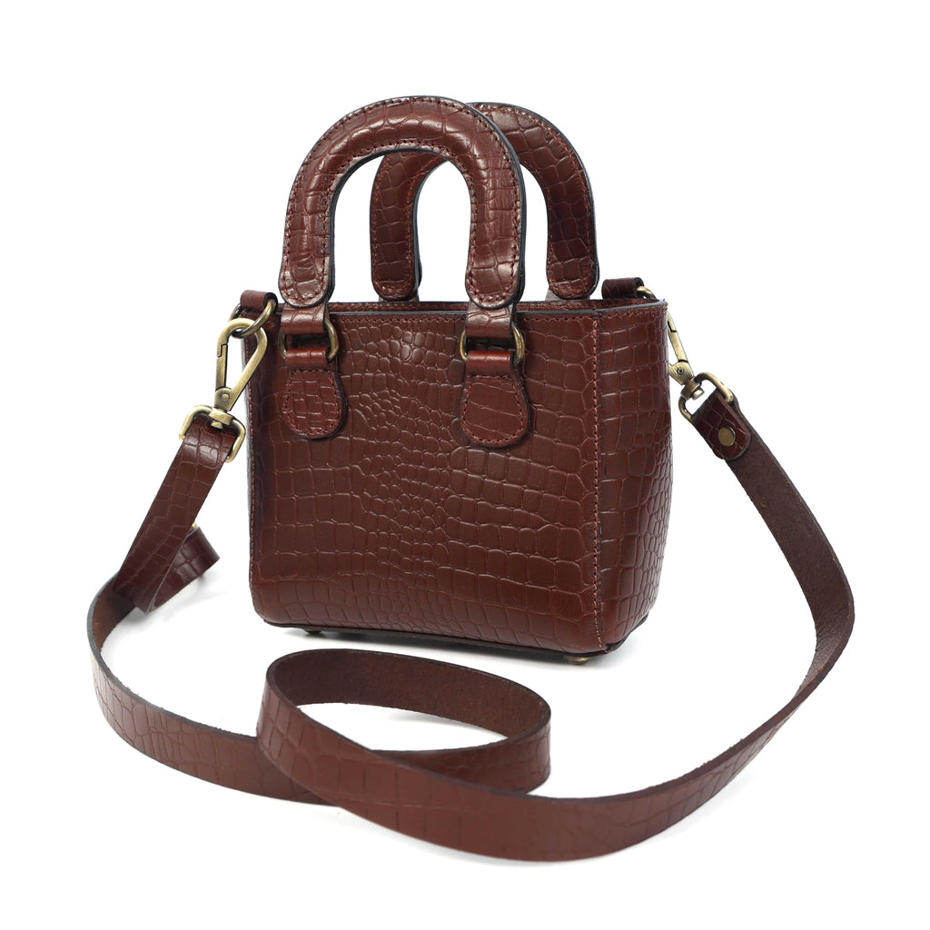 Tan Croc-Embossed Leather Mini Tote Crossbody Bag I9785