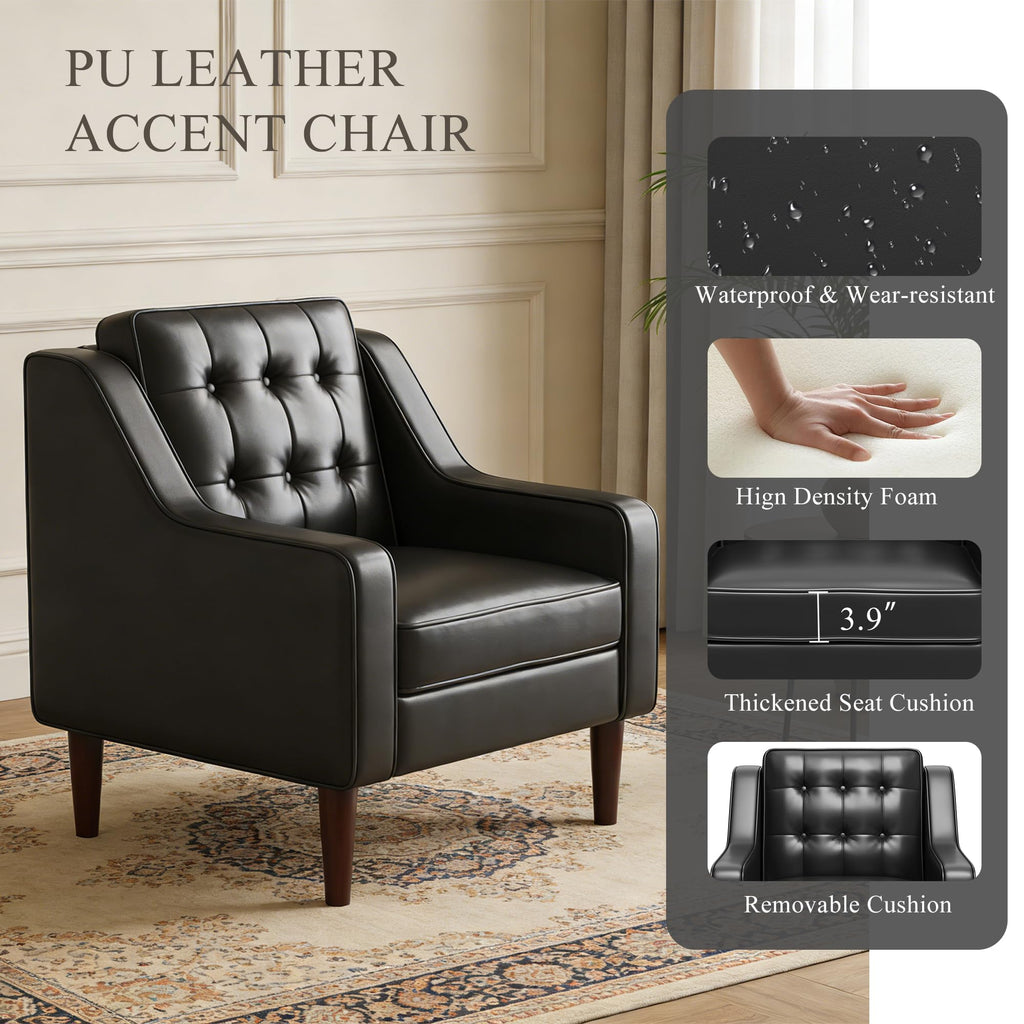 PU Leather Accent Chair Button-Tufted Upholstered Black N365