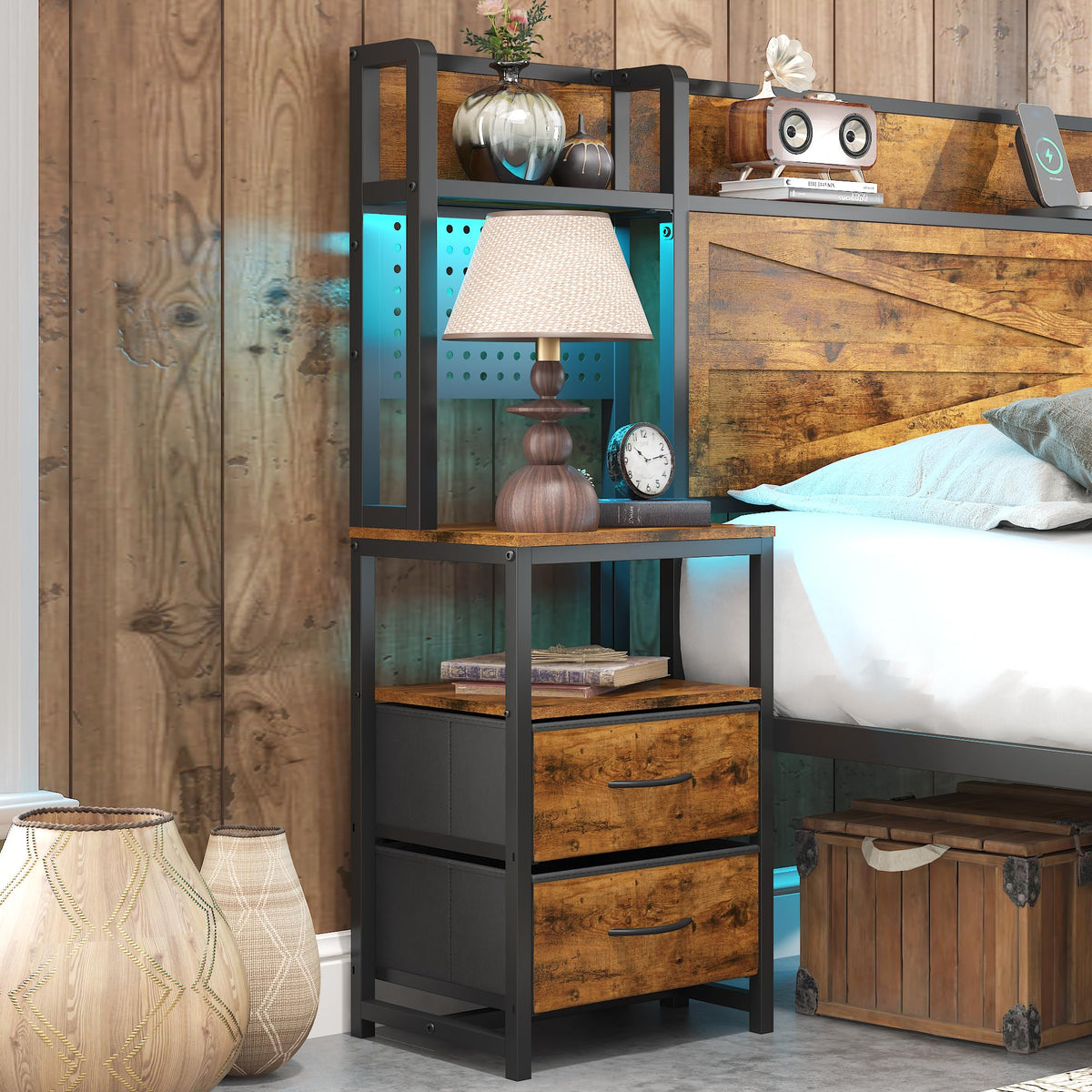 King Size Rustic Brown Bed Frame with Headboard and Nightstands J20264