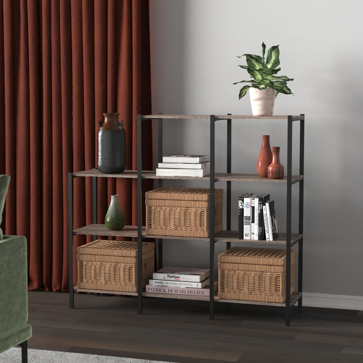 4-Tier Bookcase, 5 Shelves, Black Metal and Wood U285