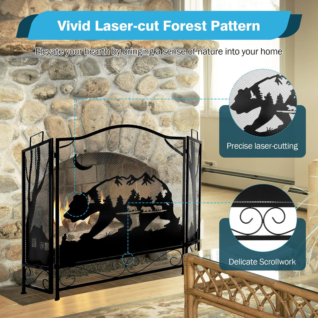 3-Panel Folding Metal Fireplace Screen Black S8709