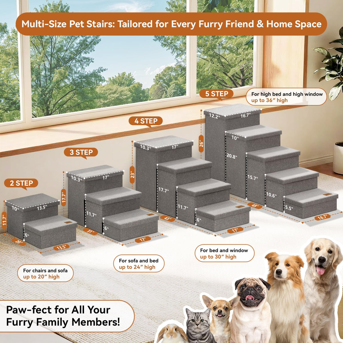 Grey 3 Steps Dog Stairs with Storage M289483