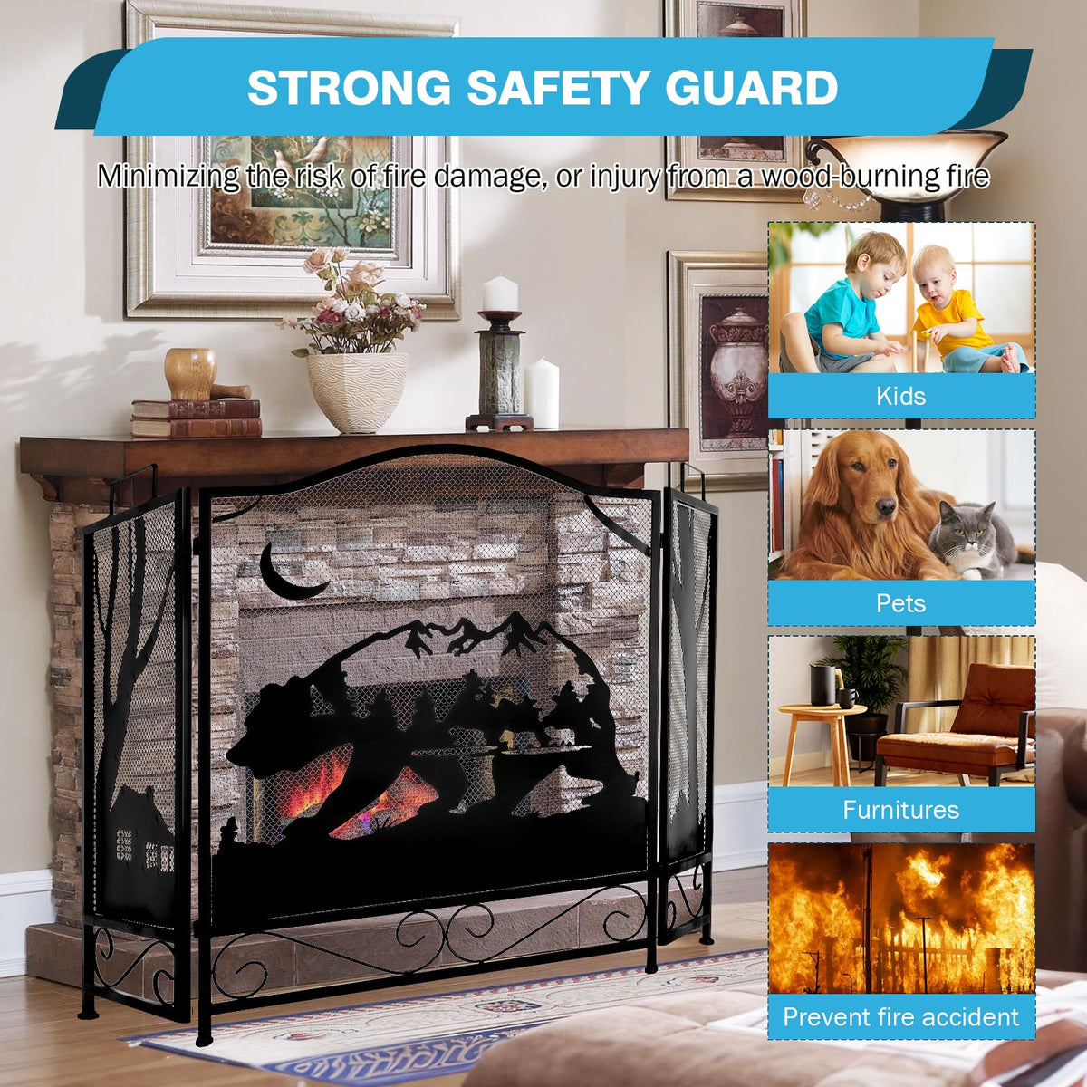 3-Panel Folding Metal Fireplace Screen Black S8709