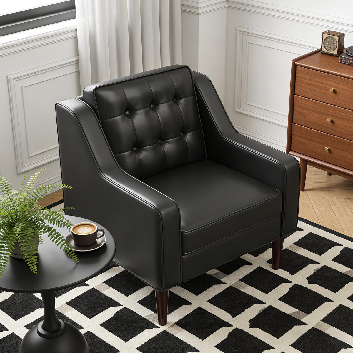 PU Leather Accent Chair Button-Tufted Upholstered Black N365