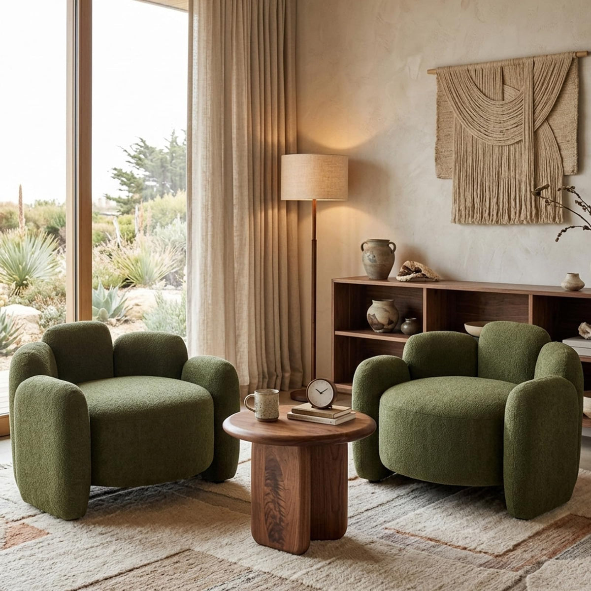 Green Mid-Century Modern Accent Chairs Set of 2 Upholstered Barrel Side Chairs with Solid Wood Base E8594