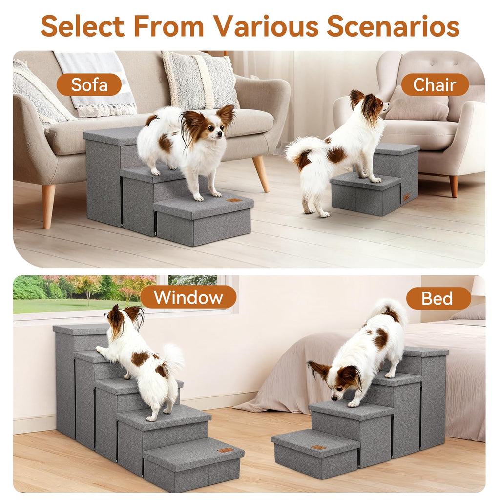 Grey 3 Steps Dog Stairs with Storage M289483