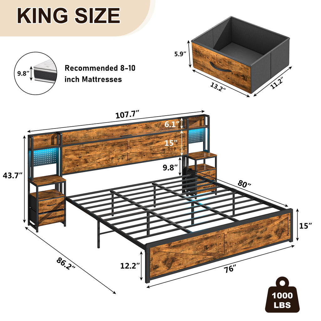 King Size Rustic Brown Bed Frame with Headboard and Nightstands J20264