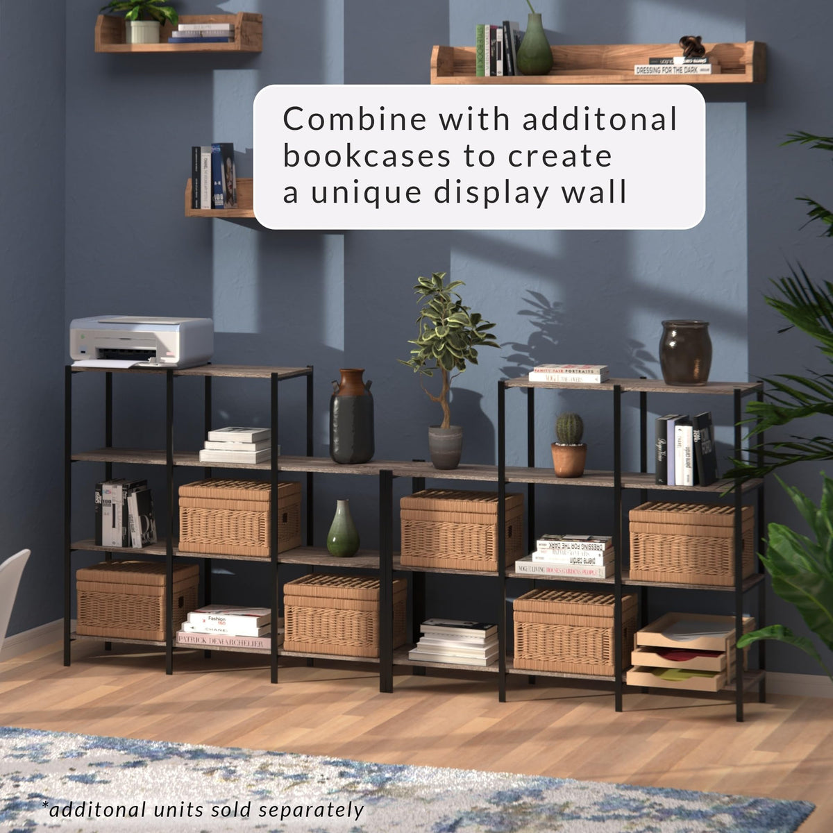 4-Tier Bookcase, 5 Shelves, Black Metal and Wood U285