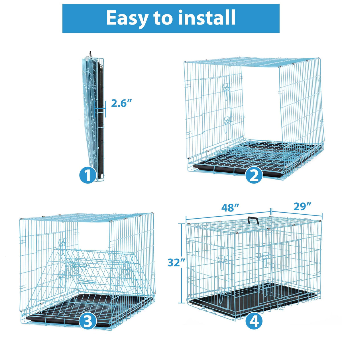 48 Inch Double-Door Folding Dog Crate with Tray and Handle E692