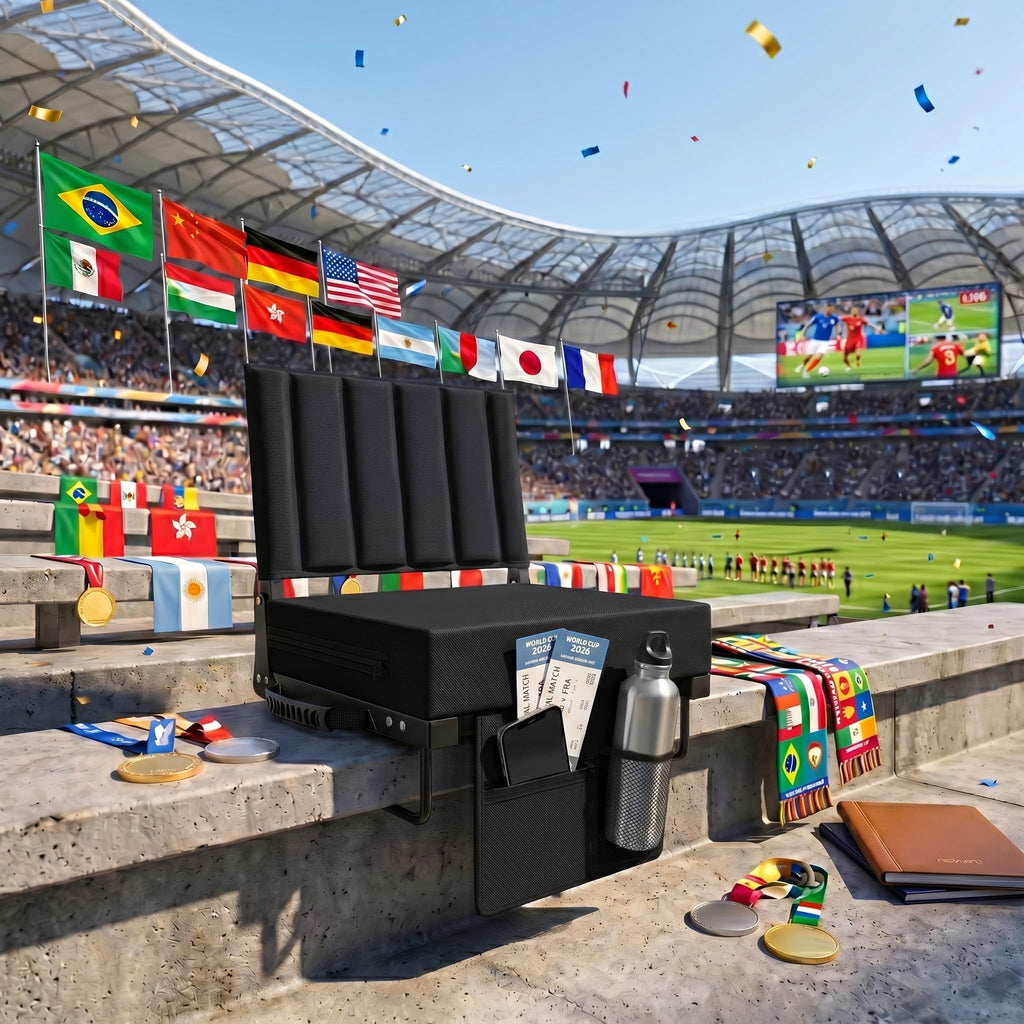 Black Padded Portable Folding Stadium Seat with Back Support and Cup Holder B65116