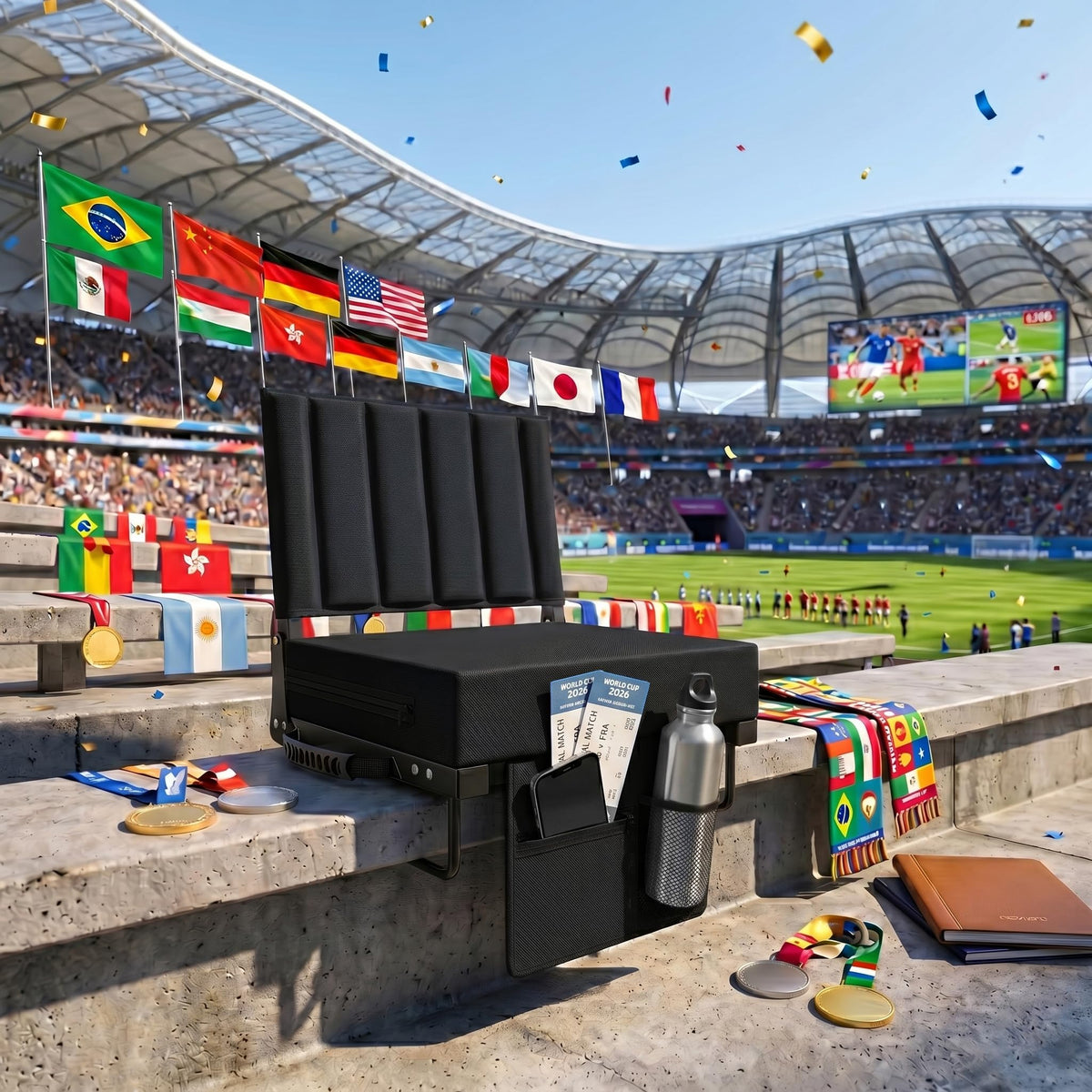 Black Padded Portable Folding Stadium Seat with Back Support and Cup Holder B65116