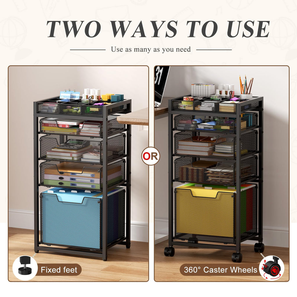 Rolling File Cart with 4 Storage Drawers, Black Metal I4686