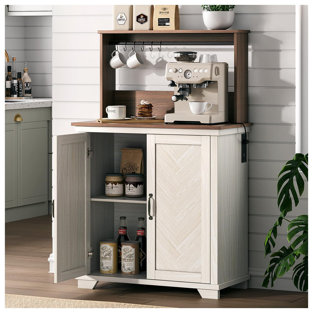 White Coffee Bar Cabinet with Storage and Charging K619