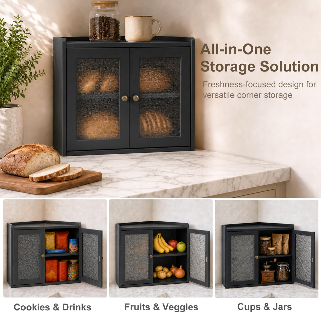 Black 2-Tier Wooden Corner Bread Box R311