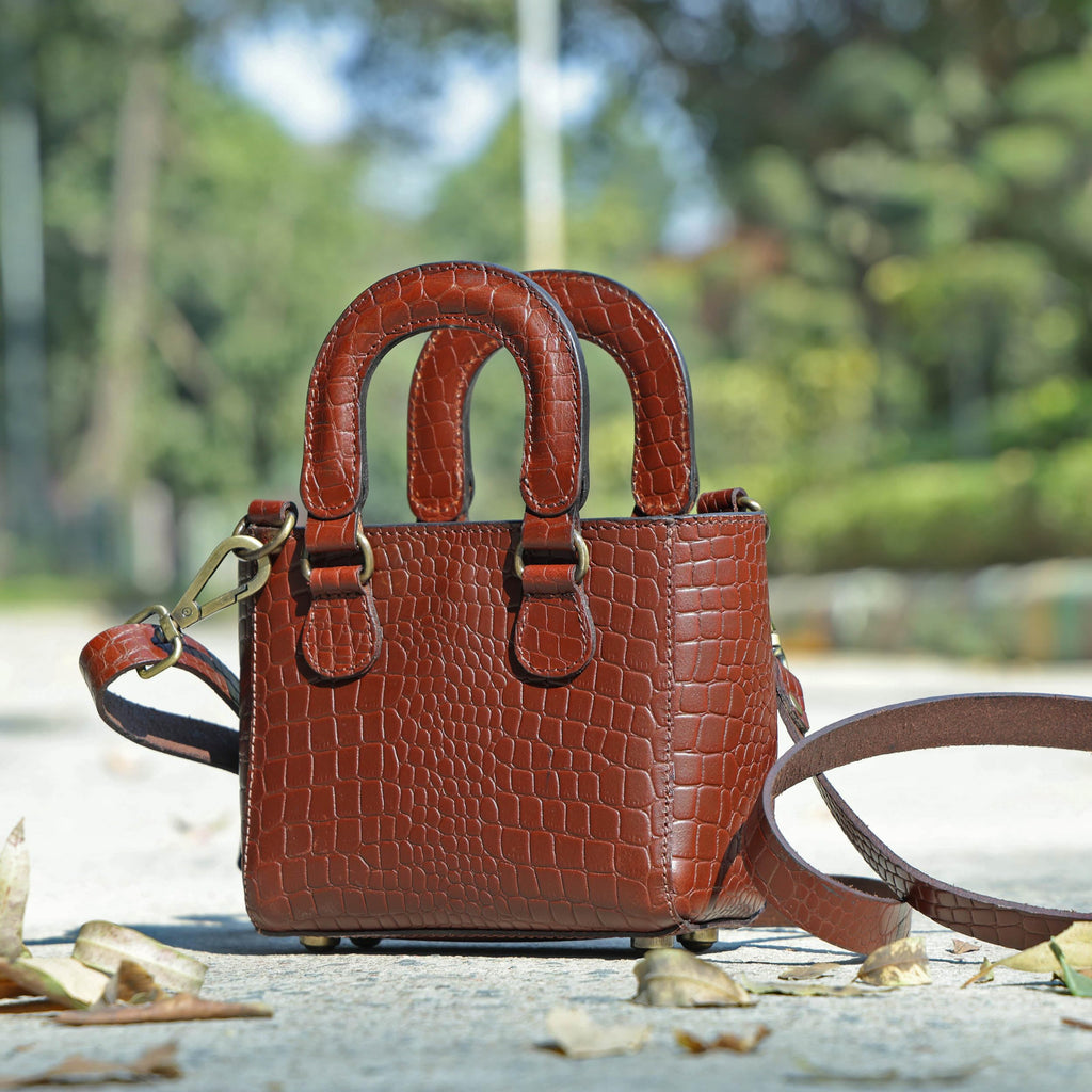 Tan Croc-Embossed Leather Mini Tote Crossbody Bag I9785