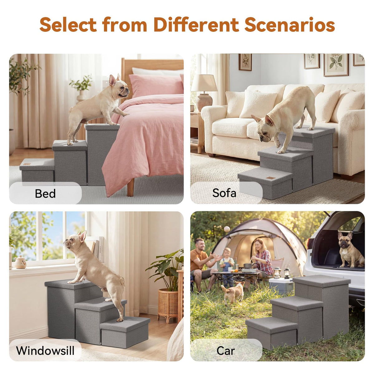 Grey 3 Steps Dog Stairs with Storage M289483