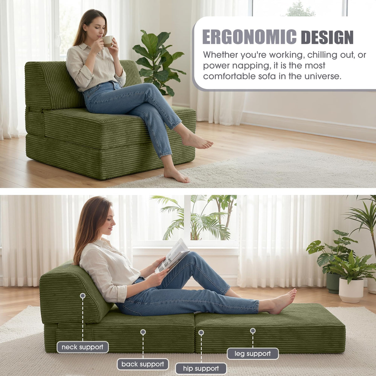 Folding Sofa Bed with Pillow, Memory Foam Sleeper Chair, Green M15968