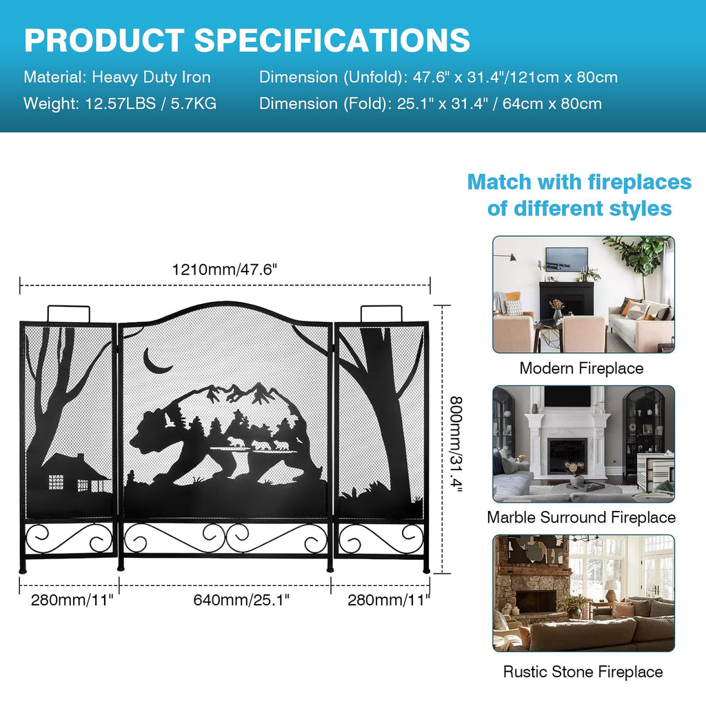 3-Panel Folding Metal Fireplace Screen Black S8709