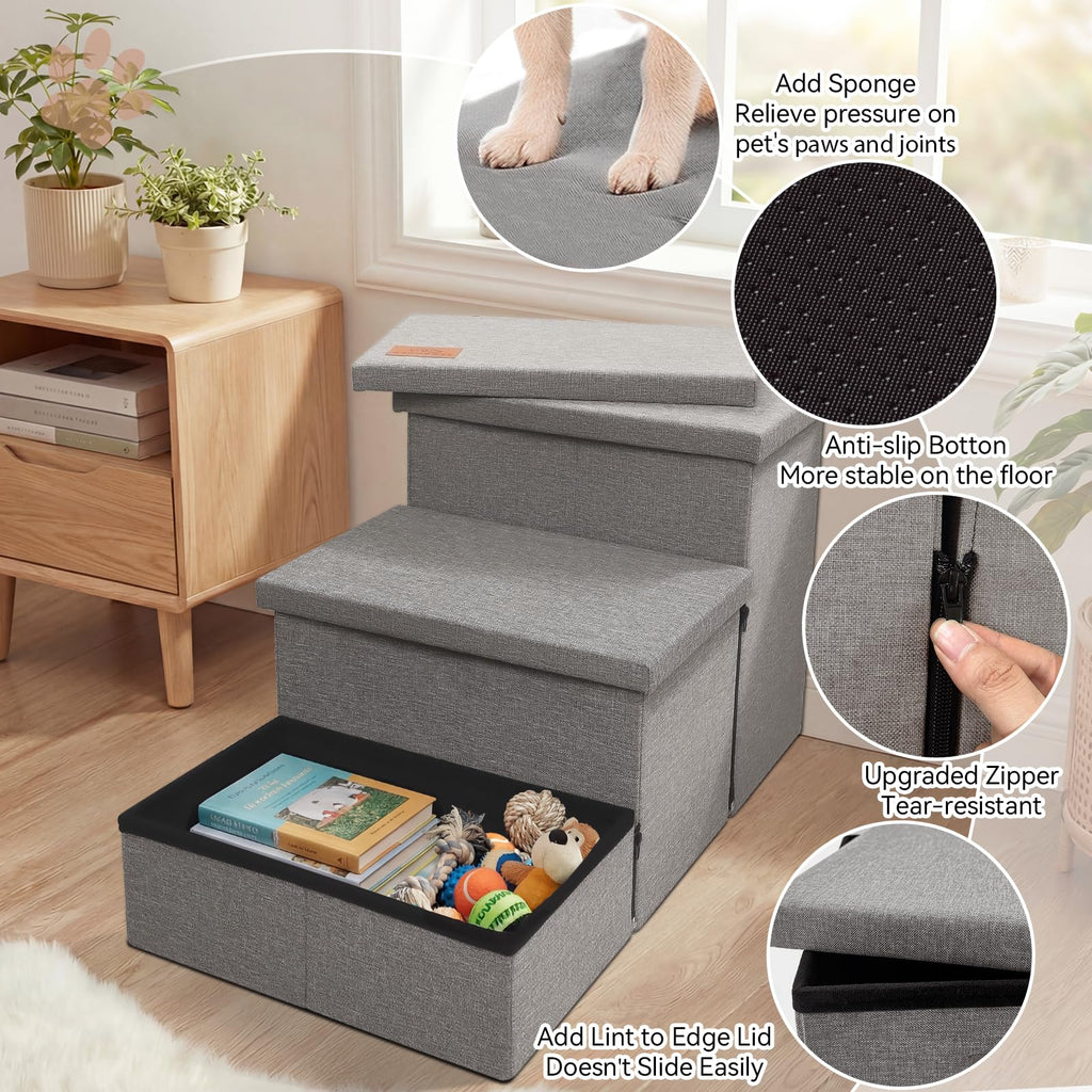 Grey 3 Steps Dog Stairs with Storage M289483