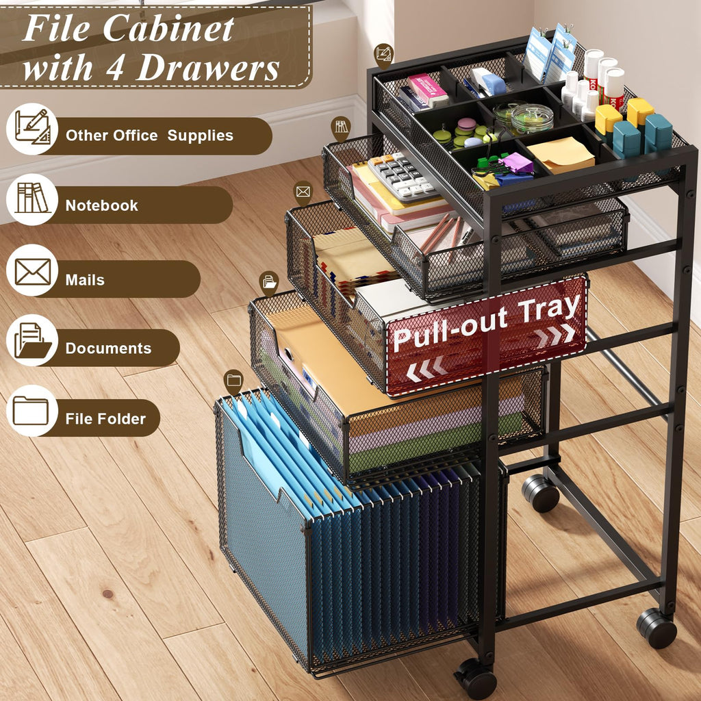 Rolling File Cart with 4 Storage Drawers, Black Metal I4686