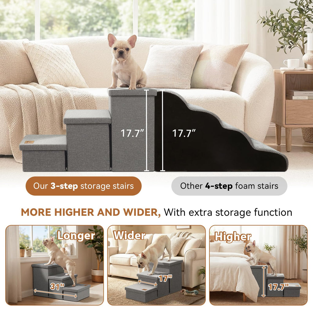 Grey 3 Steps Dog Stairs with Storage M289483