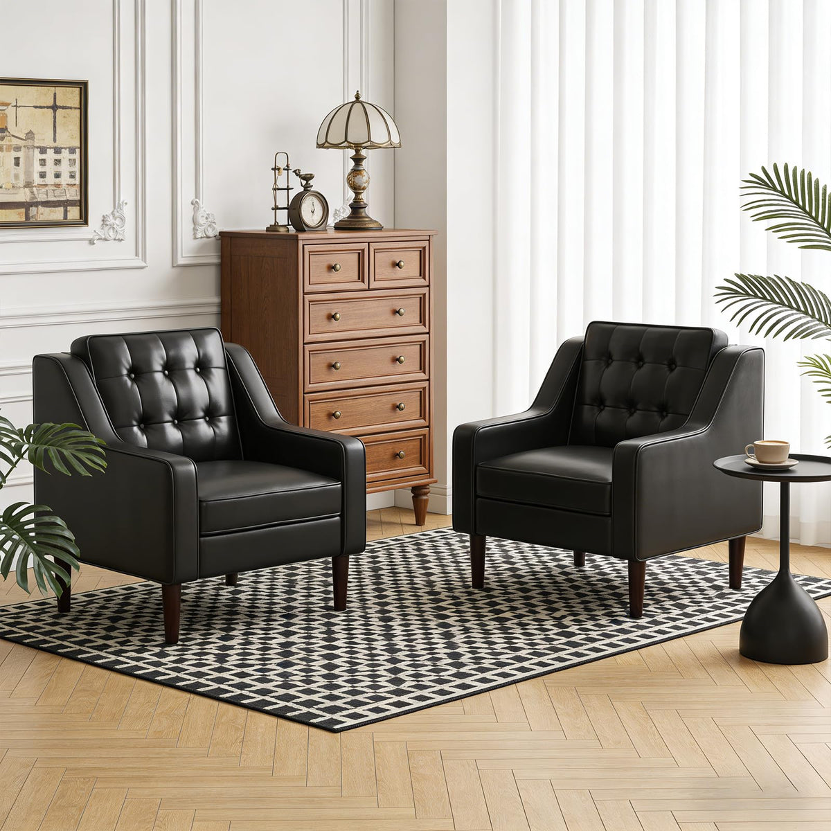 PU Leather Accent Chair Button-Tufted Upholstered Black N365