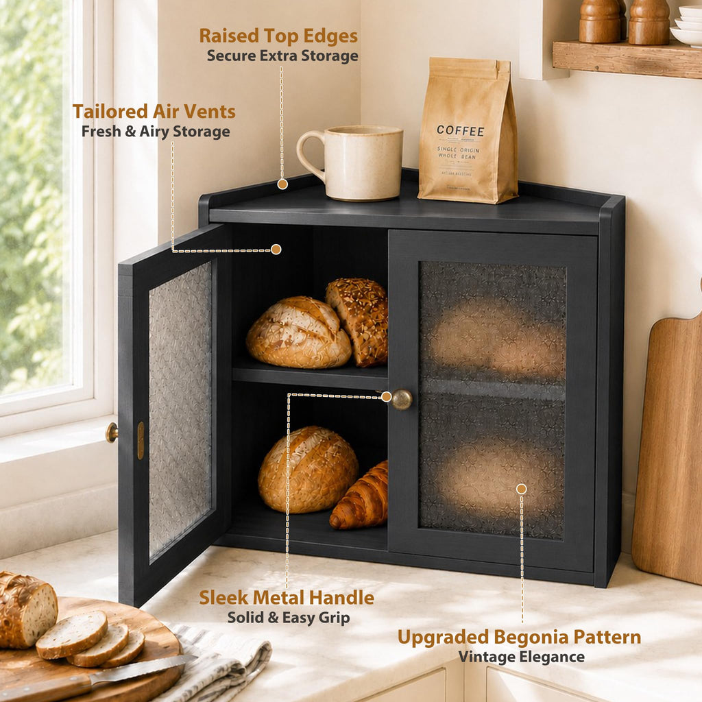 Black 2-Tier Wooden Corner Bread Box R311