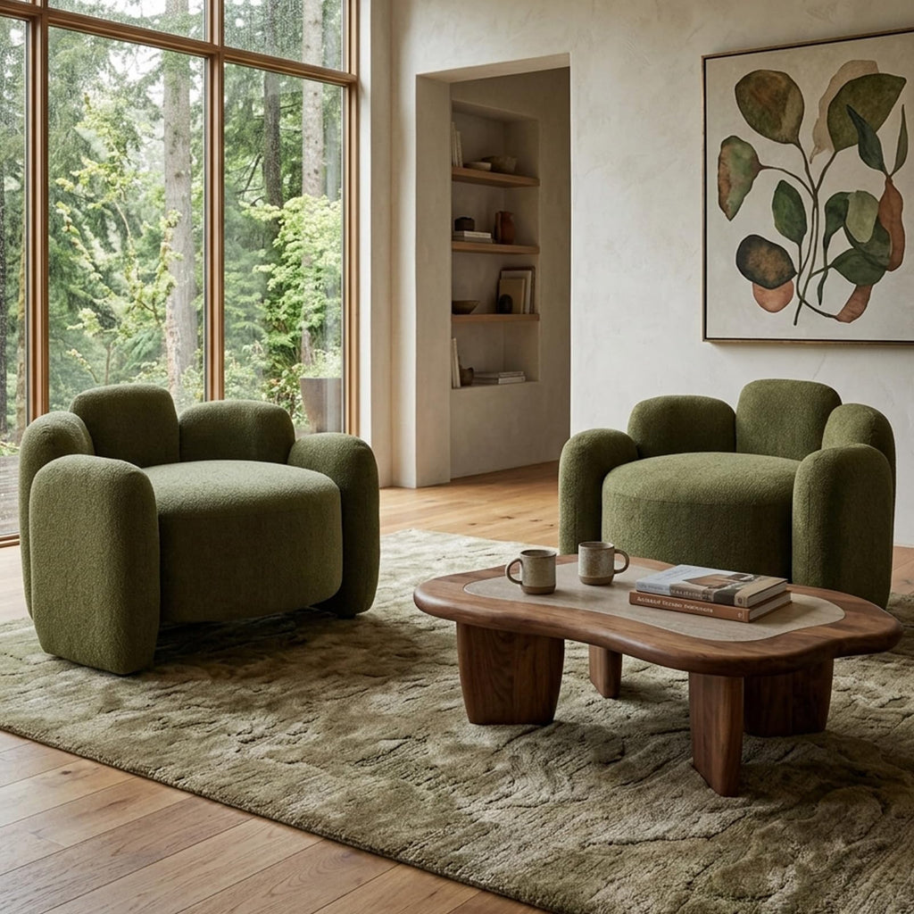 Green Mid-Century Modern Accent Chairs Set of 2 Upholstered Barrel Side Chairs with Solid Wood Base E8594