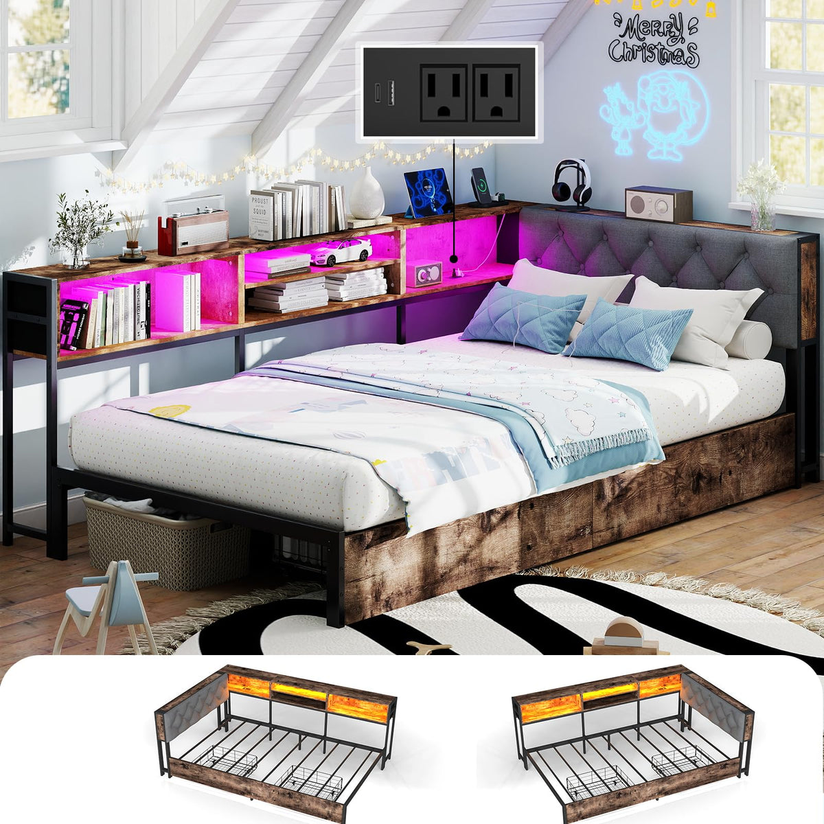 Twin Size Corner Bed Frame with Storage Bookcase J7869